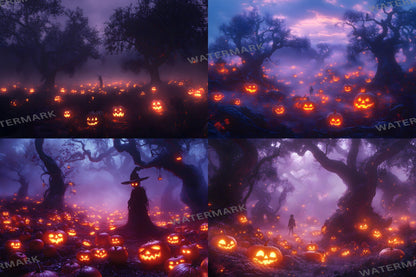 Pumpkin Field Curse Backdrops, Spooky Halloween Digital Backgrounds, Haunted Jack-O'-Lantern Scene, Dark Fantasy Horror Aesthetic