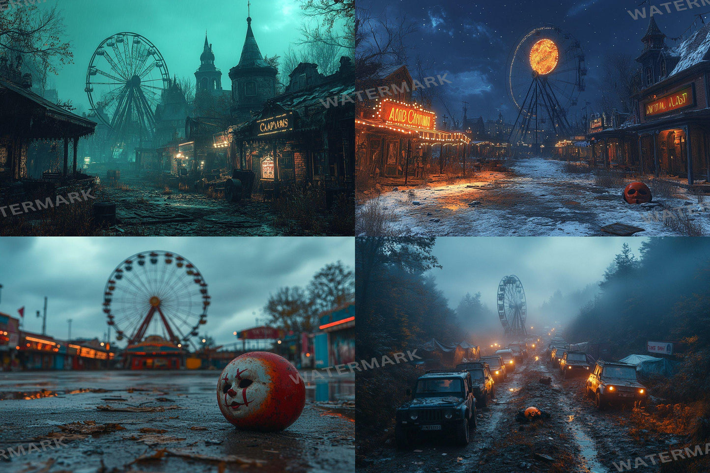 Eerie Abandoned Carnival Backdrop: 4PNGs for Unique Commercial Photography, Spooky Themed, Dark Artistic Digital Backdrops