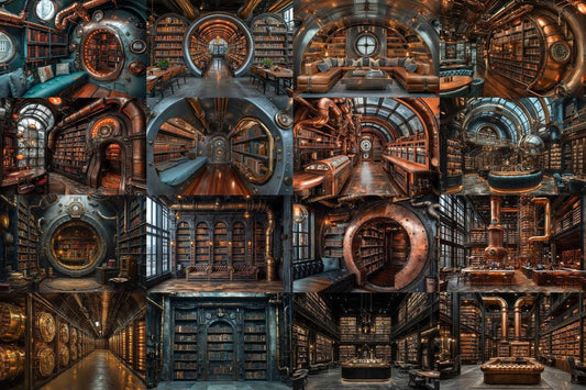 Steam Powered Library Backdrops, Steampunk Vintage Books Digital Background, Industrial Gears Study Steampunk Library and books