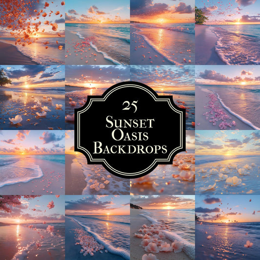 Sunset Oasis Backdrops, Dreamy Beach Photography Backgrounds, Pink Petal Shoreline Scenes, Sunset Beach Wedding and Maternity Backdrops