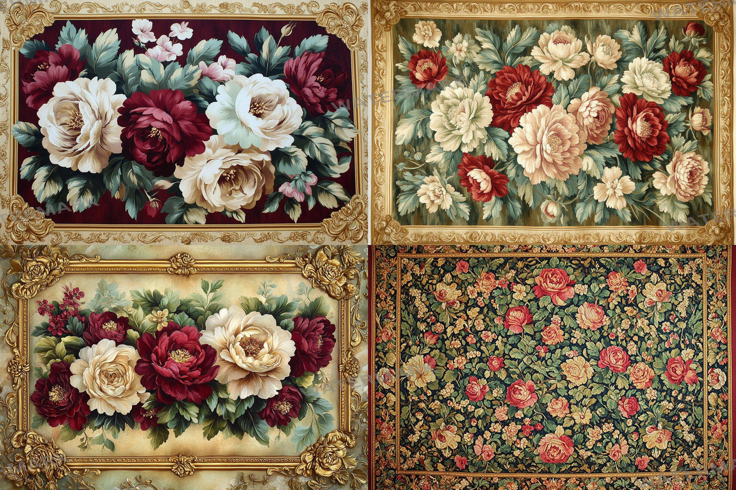 Baroque floral tapestry digital backdrops, ornate PNG overlays, vintage fabric photo backgrounds, classical photography composite scenes