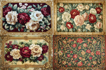 Baroque floral tapestry digital backdrops, ornate PNG overlays, vintage fabric photo backgrounds, classical photography composite scenes