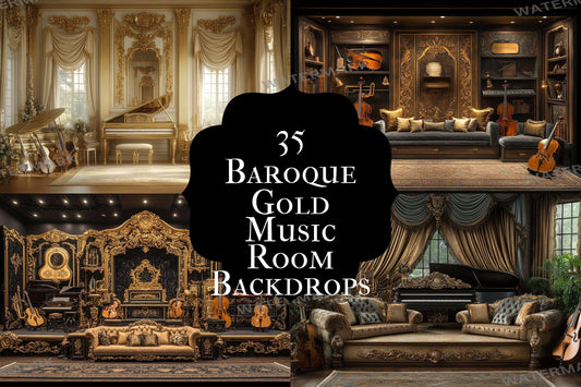 Baroque Gold Music Room Digital Backdrops - 3High-Resolution PNGs for Photography - Instant Download