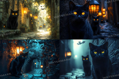 Black Cat Alley Backdrops, Night Urban Moody City Digital Background - Feline, Mysterious Dark Street Scene, Witchcraft - Witch's Cat