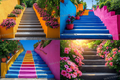 Colorful Urban Stairs Digital Backdrops for Photography & Photoshop Composites | Vibrant Steps Digital Backgrounds and Overlay Scenes