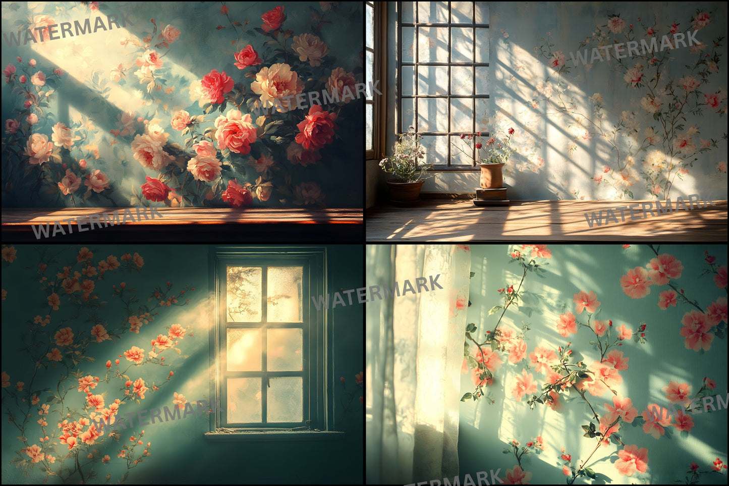 Floral Vintage Wallpaper Digital Backdrop, Shabby Chic Photography Background, Antique Flower Portrait Photo Booth, Images
