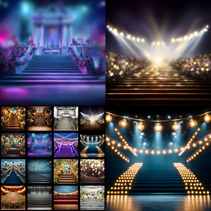 Stage Stairs Lights Garland Digital Backdrop, Photography Background for Performers, Virtual Photo Booth, Concert Photography Prop