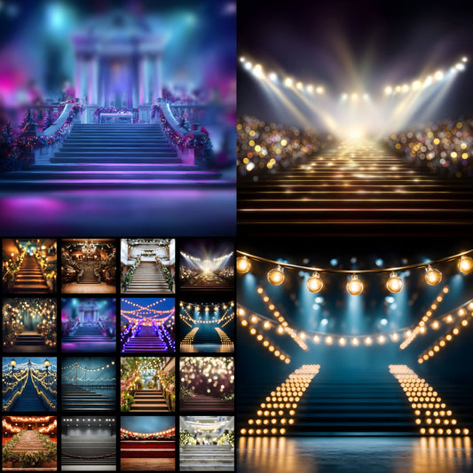 Stage Stairs Lights Garland Digital Backdrop, Photography Background for Performers, Virtual Photo Booth, Concert Photography Prop