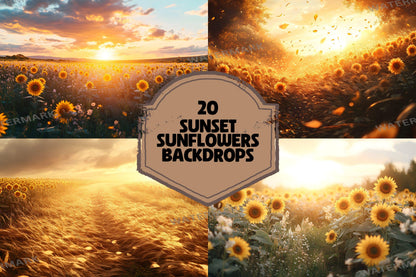 Sunset Sunflowers Backdrops - Golden Hour Field Digital Backgrounds, Rustic Floral Photography Backdrop, Summer Aesthetic