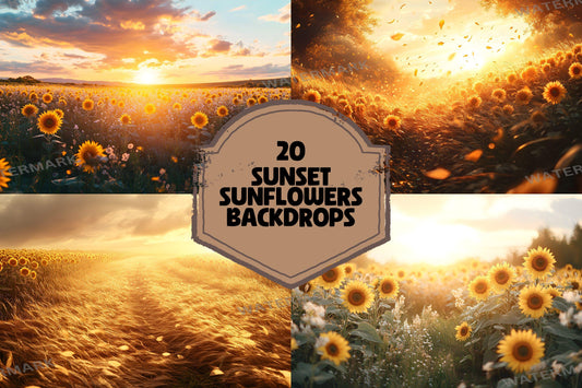 Sunset Sunflowers Backdrops - Golden Hour Field Digital Backgrounds, Rustic Floral Photography Backdrop, Summer Aesthetic