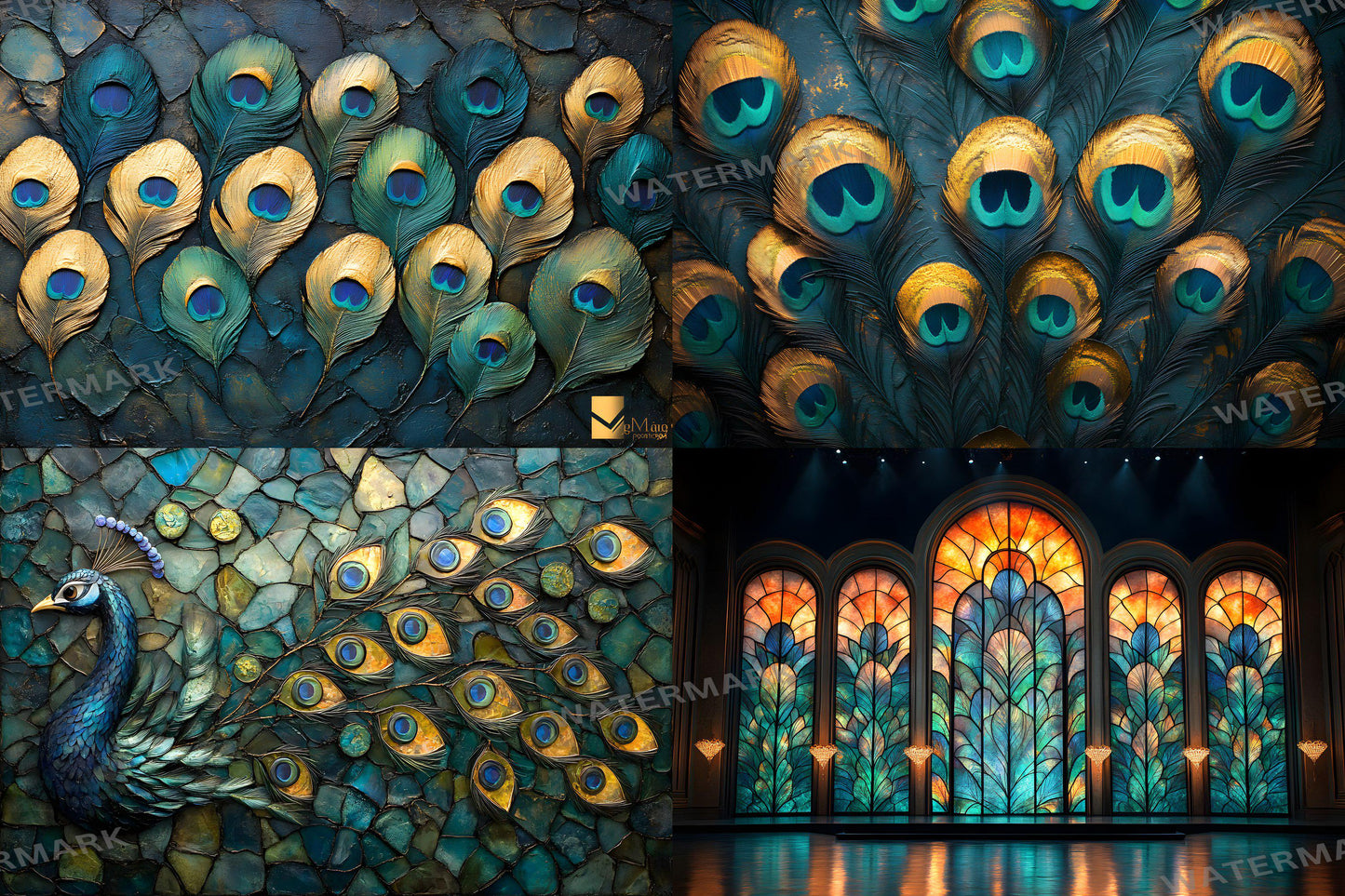 Peacock Deco Stage Backdrops | Elegant Art Deco Peacock Digital Backgrounds | Luxurious Gold & Teal Stage Design | Instant Download