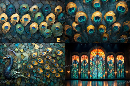 Peacock Deco Stage Backdrops | Elegant Art Deco Peacock Digital Backgrounds | Luxurious Gold & Teal Stage Design | Instant Download