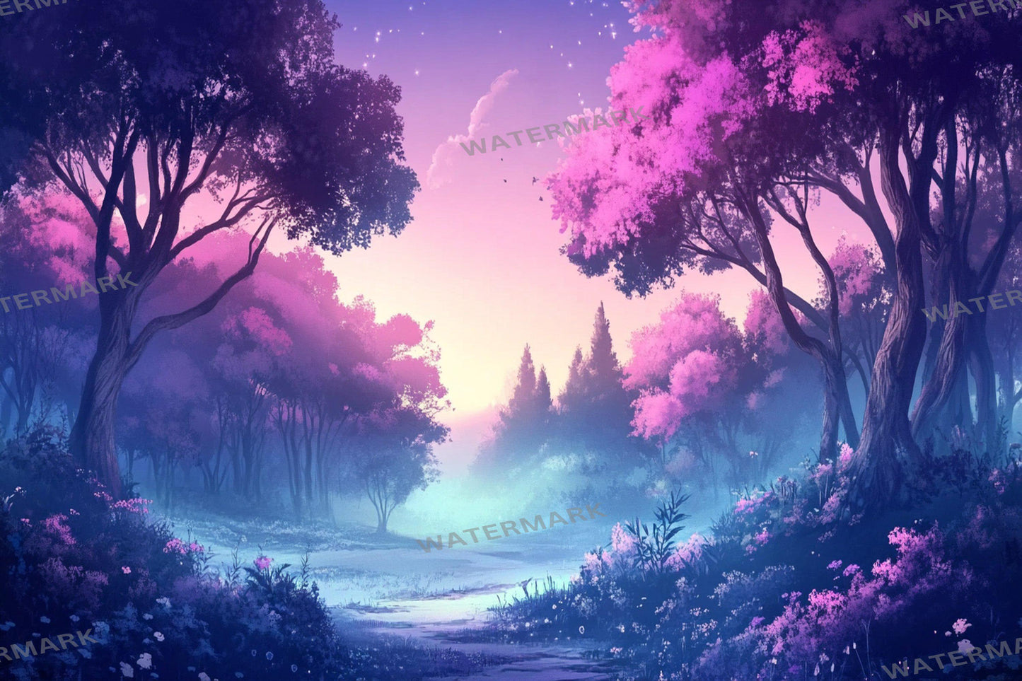 Fairy Forest digital backdrop, 16:9 ratio. Magical glowing forest with fireflies and soft light, perfect streaming background