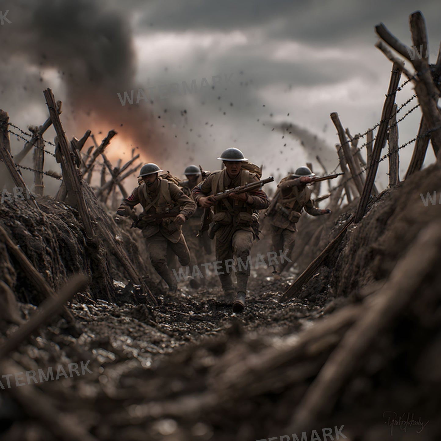 WW1 Soldiers Charging Digital Backdrop, Military Background for Photography, Historical Reenactment Photo Prop, Image Collection