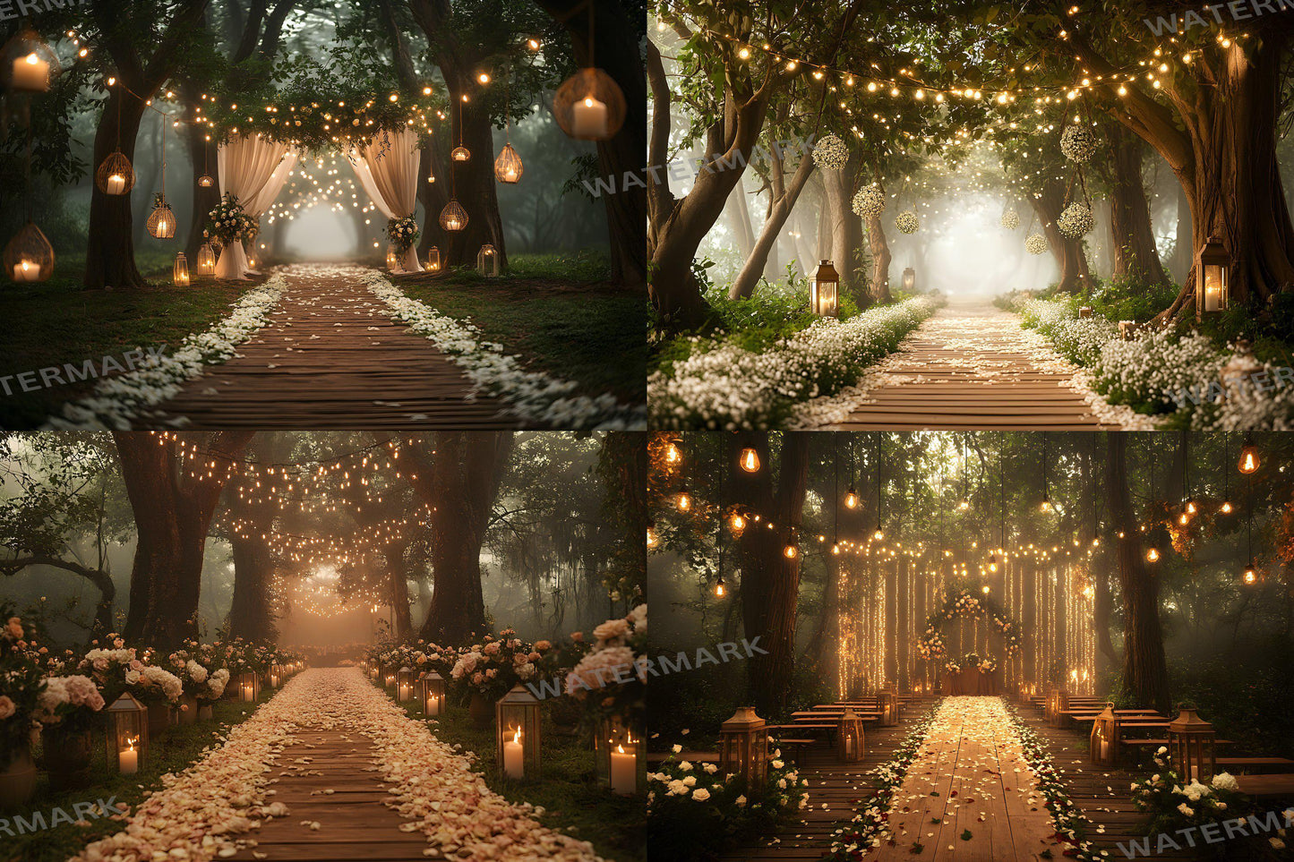 Forest Wedding Backdrops ��������� Rustic Elegance with Fairy Lights and Candlelit Paths - 3:2 Ratio - Wedding Photography - Wedding Backgrounds