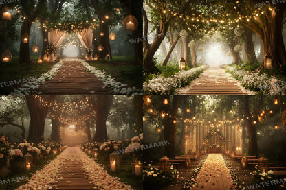 Forest Wedding Backdrops ��������� Rustic Elegance with Fairy Lights and Candlelit Paths - 3:2 Ratio - Wedding Photography - Wedding Backgrounds