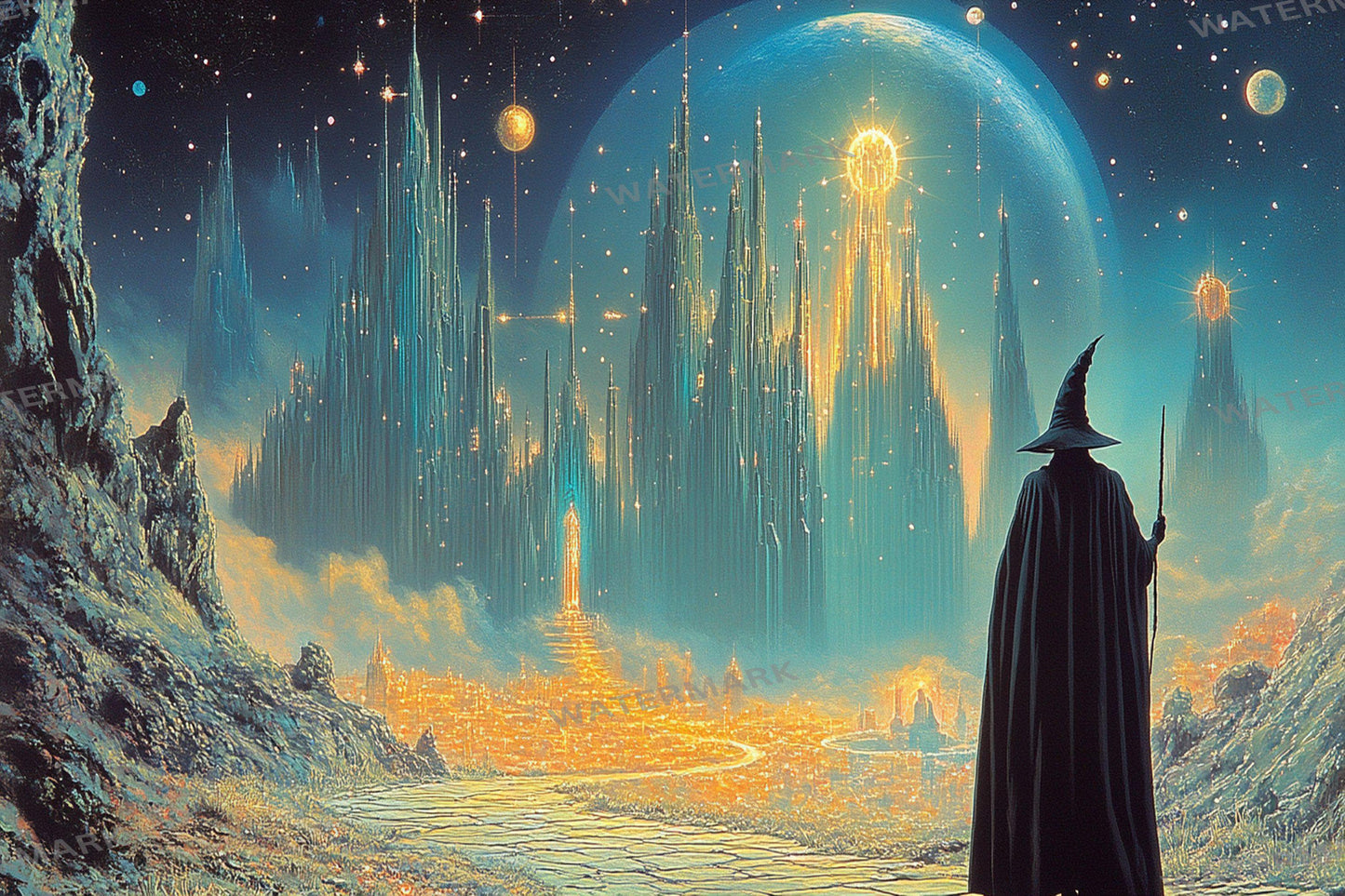 Wizard Walk digital backdrop, 16:9 ratio. Magical forest path with glowing lights and ancient ruins, perfect for streaming or TV wallpaper