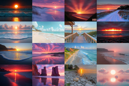 Beach Sunrise Backdrop: 19PNGs for Coastal Ocean Dawn Photography, Tropical Golden Hour Shore Scenes, Seaside Morning Digital Backdrops