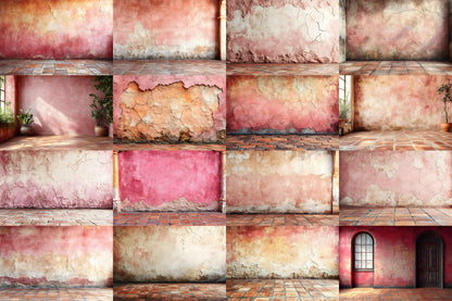 Cinnamon Blush Wall Backdrops | Textured Vintage Wall Background | Warm Rust Pink Photoshop Backdrop | Weathered Brick Digital Background