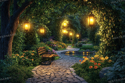 Hidden Lantern Garden Backdrop: PNGs for Enchanting Night Photography, Magical Forest Lantern Scenes, Serene Secret Garden Backdrop