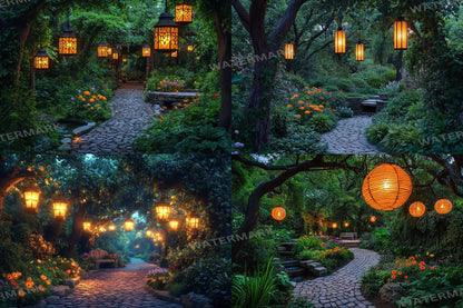 Hidden Lantern Garden Backdrop: PNGs for Enchanting Night Photography, Magical Forest Lantern Scenes, Serene Secret Garden Backdrop