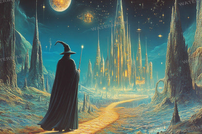 Wizard Walk digital backdrop, 16:9 ratio. Magical forest path with glowing lights and ancient ruins, perfect for streaming or TV wallpaper