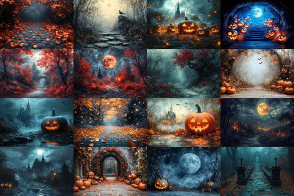 Halloween Forest Scene Photography Backdrops - 4High-Resolution PNG Backgrounds for Photoshop - Master Overlay for Creative Photo Editing