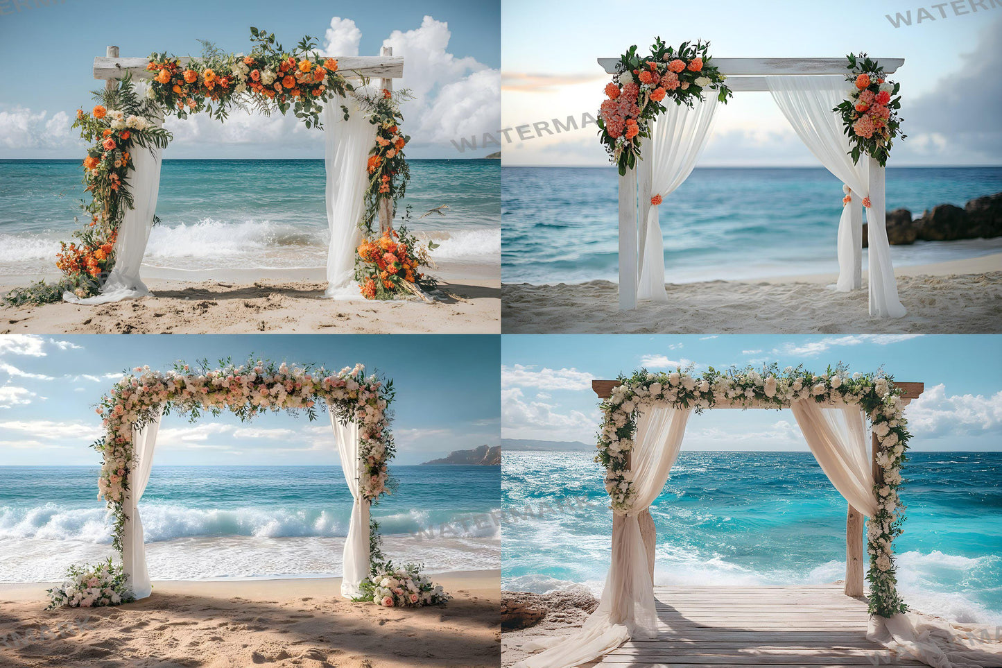 Beachfront Bliss Backdrops, Digital Tropical Wedding Background, Seaside Ocean Photo Booth Prop, Summer Coastal Photography Scene Assets