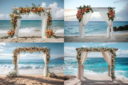 Beachfront Bliss Backdrops, Digital Tropical Wedding Background, Seaside Ocean Photo Booth Prop, Summer Coastal Photography Scene Assets