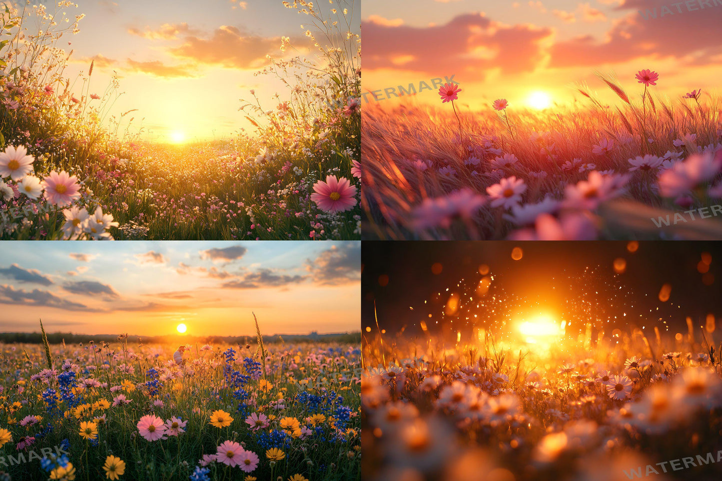 Sunset Wildflowers Digital Backdrops - Warm Golden Hour Field, Summer Bloom Photography Backgrounds - Maternity, Wedding Backdrops