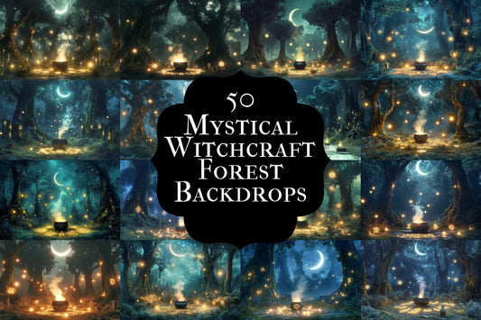 Witchcraft forest digital backdrops, dark enchanted PNG overlays, spooky forest photography backgrounds, fantasy gothic composite props.