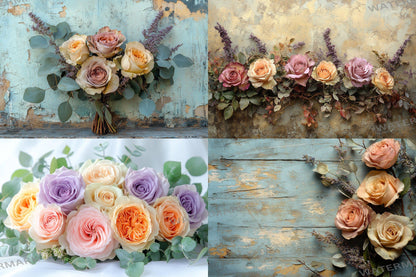 Vintage rose bouquet digital backdrops, floral PNG overlays, shabby chic photography backgrounds, pink flower scene composite props