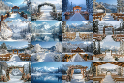 Snowy Mountain Wedding Backdrops - Romantic Alpine Digital Backgrounds