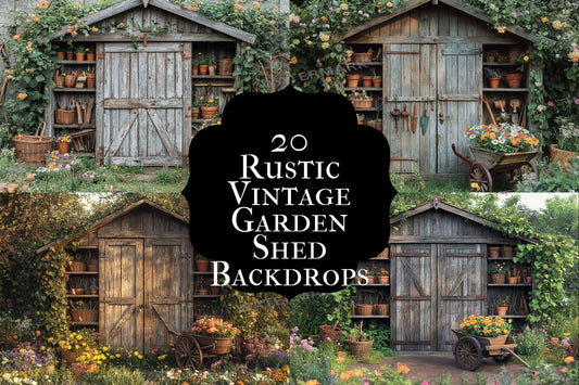 Rustic Vintage Garden Shed Backdrops | Cottagecore Photography | Shabby Chic Outdoor Green Garden Backgrounds - Gardening Backdrops
