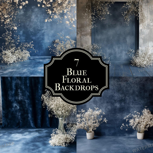 Blue Floral Backdrops, Vintage Flower Backgrounds, Digital Blue Backdrops, Wedding Photo Props, Rustic Floral Scenes, Instant Download