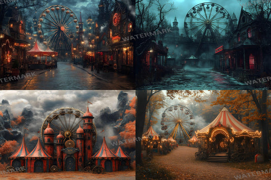 Steampunk Carnival Backdrops | Vintage Circus | Mechanical Fairground | Retro Fantasy | Digital Backgrounds