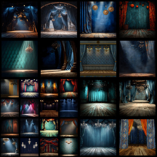 Theater Stage Backdrop with Chandeliers, Elegant Photography Background, Digital Download for Stunning Portraits, Square Format Image Set