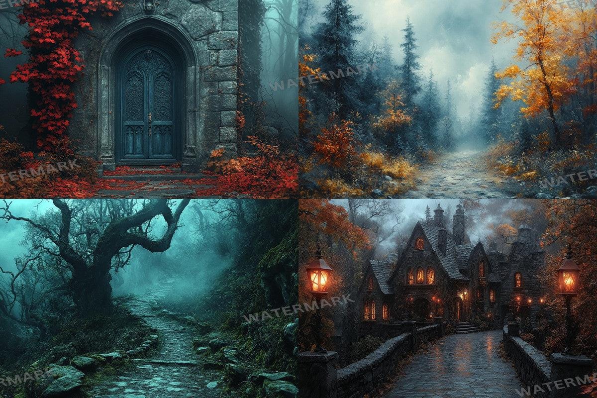 Halloween Forest Scene Photography Backdrops - 4High-Resolution PNG Backgrounds for Photoshop - Master Overlay for Creative Photo Editing