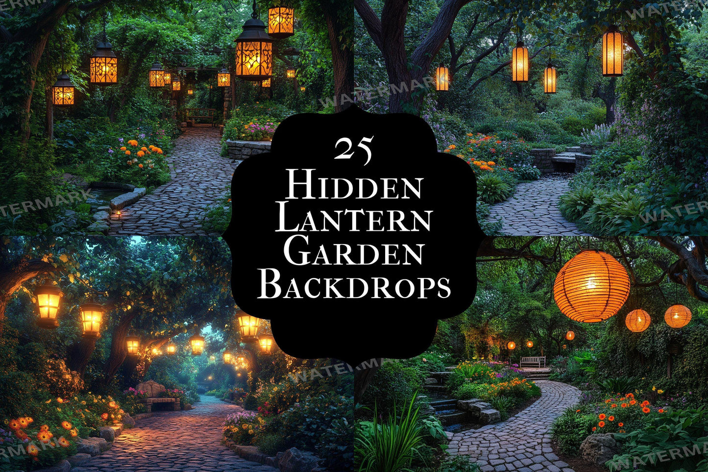Hidden Lantern Garden Backdrop: PNGs for Enchanting Night Photography, Magical Forest Lantern Scenes, Serene Secret Garden Backdrop