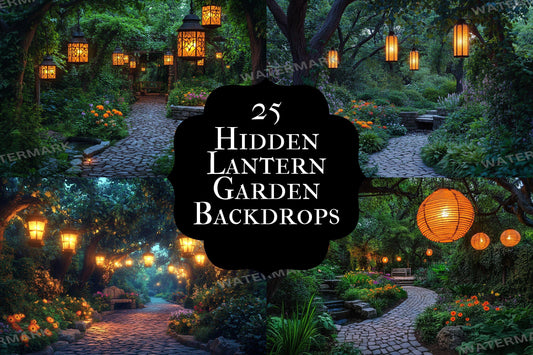 Hidden Lantern Garden Backdrop: PNGs for Enchanting Night Photography, Magical Forest Lantern Scenes, Serene Secret Garden Backdrop