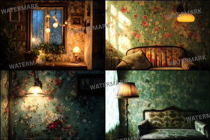 Vintage Wallpaper Room Backdrops, Photography Backgrounds, Digital Download for Portrait Photography, High-Resolution Images