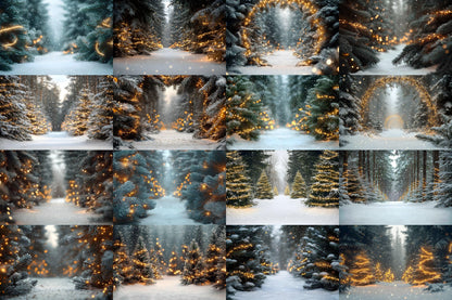 Snowy Forest Backdrops for Winter Photography, Holiday Scenes, and Photoshop Overlays, Christmas Lighting Backgrounds, Winter Backdrops