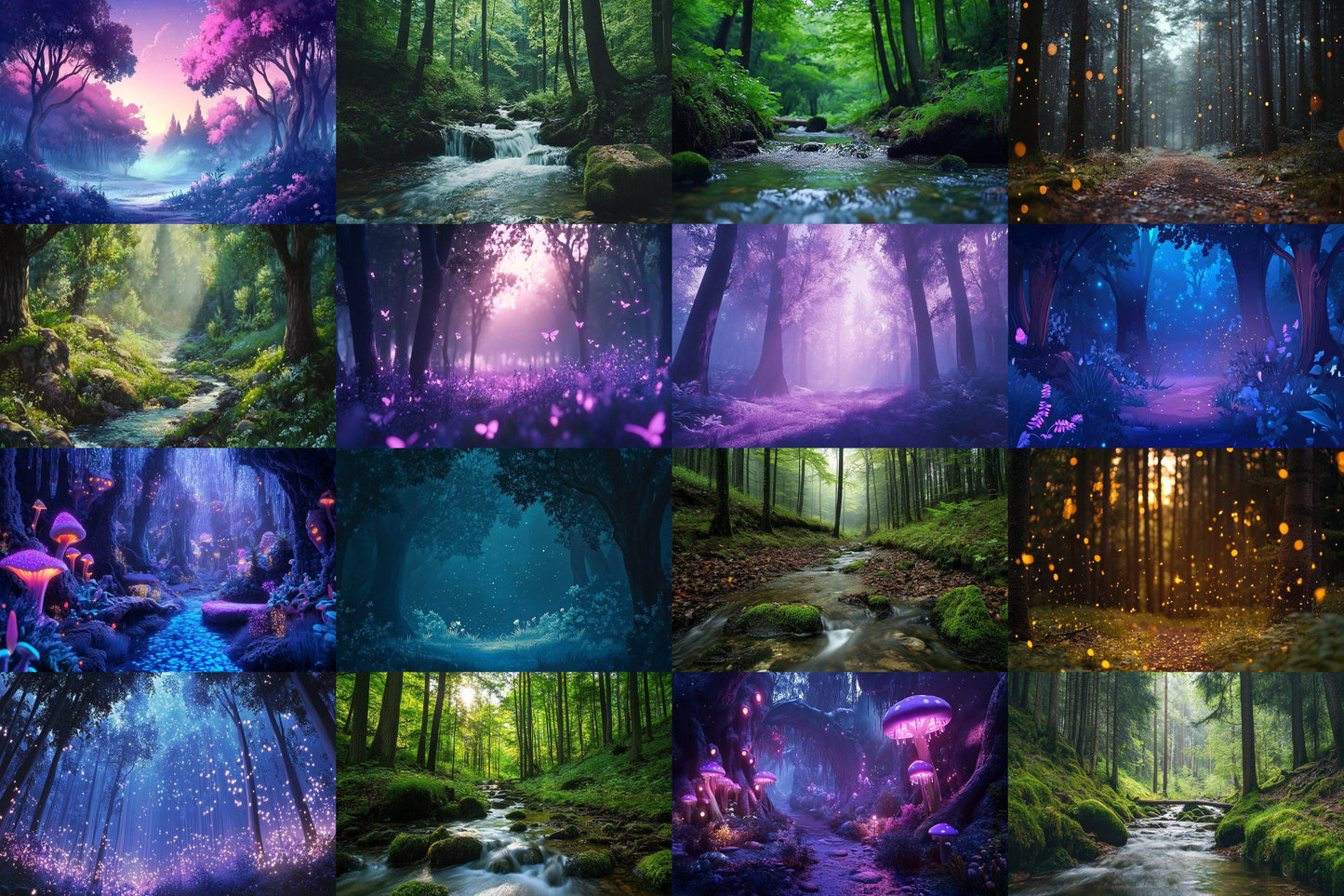 Fairy Forest digital backdrop, 16:9 ratio. Magical glowing forest with fireflies and soft light, perfect streaming background