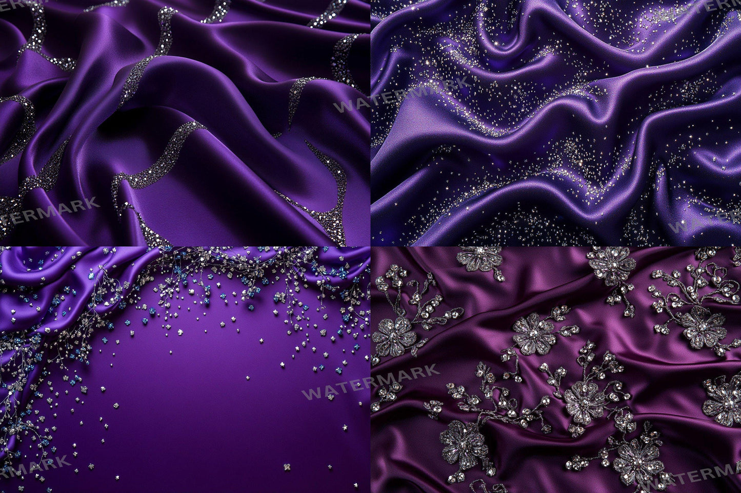 Purple Satin Embellished Backdrops | Digital Luxury Fabric Scenes | Glamour & Fantasy Photography Backgrounds - Purple Backdrops