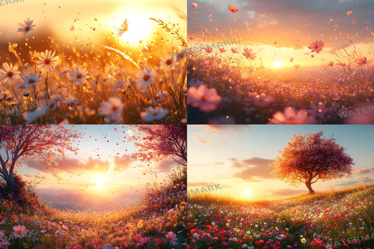 Sunset Wildflowers Digital Backdrops - Warm Golden Hour Field, Summer Bloom Photography Backgrounds - Maternity, Wedding Backdrops