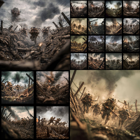 WW1 Soldiers Charging Digital Backdrop, Military Background for Photography, Historical Reenactment Photo Prop, Image Collection