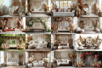 Boho Chic Bliss Backdrops, Cozy Bohemian Interior Digital Background, Light Lifestyle Decor Photo Booth Prop, Modern Plant Lover Scene