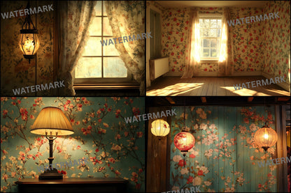 Vintage Wallpaper Room Digital Backdrop, Photography Backgrounds, Antique Interior Photo Prop, Printable Photography, High Resolution Images