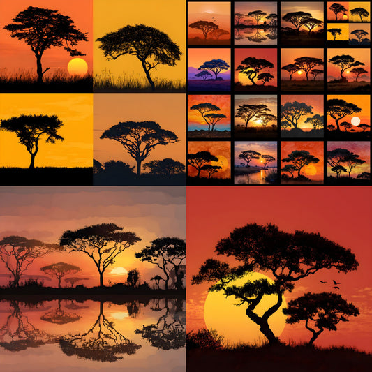 African Safari Sunset Digital Backdrop, Trees Photography Background for Wildlife, Nature Photo, Square High-Resolution Image, Instant Download