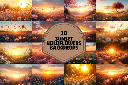 Sunset Wildflowers Digital Backdrops - Warm Golden Hour Field, Summer Bloom Photography Backgrounds - Maternity, Wedding Backdrops